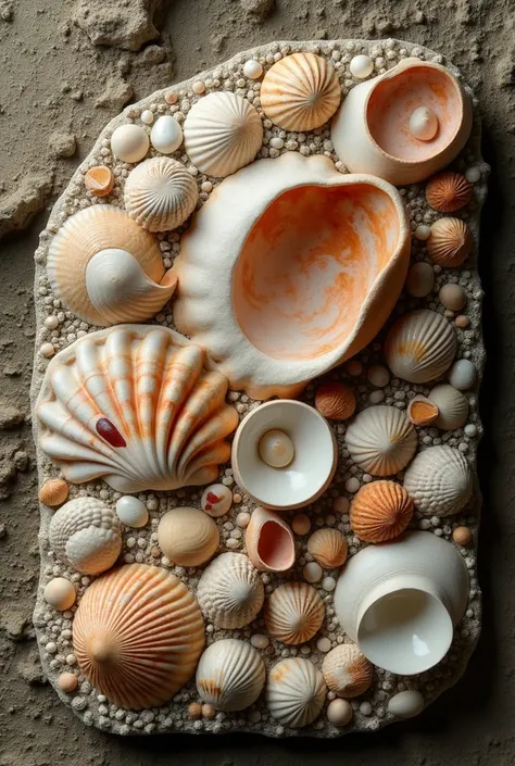 Use natural materials shells，Create a semi-relief work with nutshells, etc.，No character work，Artist Florian Baudrexel style