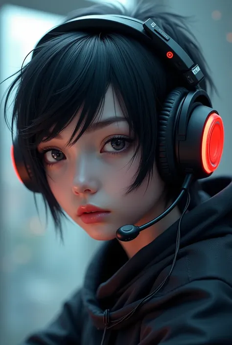 Create a girl with short wolfcut, black hair, a gaming headphone on her head 