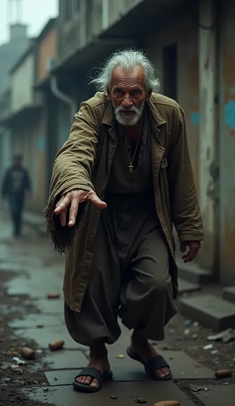 Creating an old man in old clothes begging for money. Let him suffer more and look forward. TO RIGHT
 