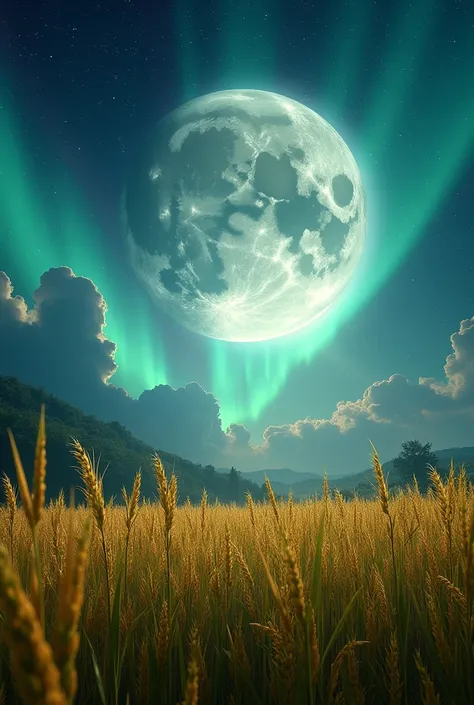 Big full moon shining in the aurora sky above golden rice