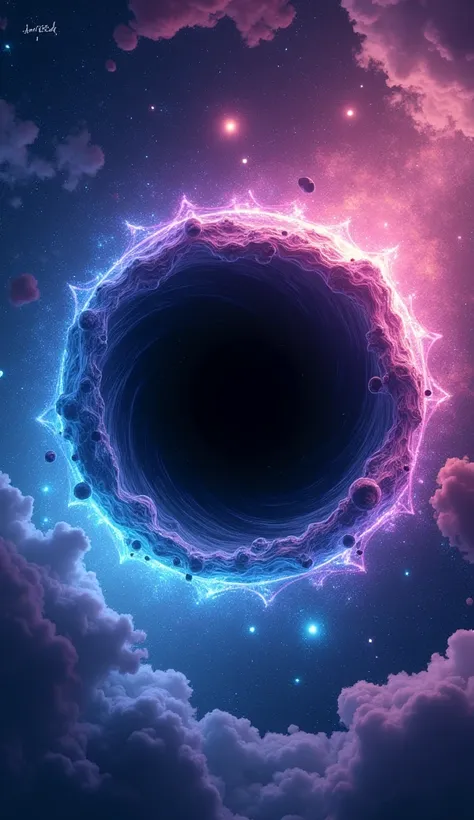 Make me a background about black hole, and in cute , round letters, and round frame too, and more cute, circular logo frame, bright color please pretty than mix with blue and purple color
