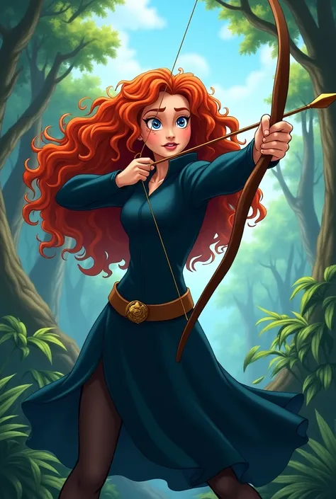 Merida from brave dark blue dress big breast wide shoulders wide hips bow and arrow in hand jungle background UHD high quality anime style 