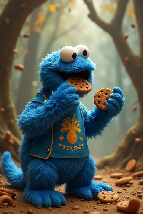 Cookie Monster eating cookies whole body with Taylor Swift merch with the album Evermore as top 

