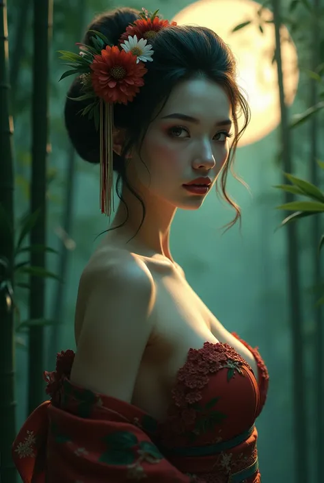 a geisha woman, white and silky skin, deep green eyes, generous and soft breasts, slightly bare, half-open mouth, naughty look, in a bamboo forest, full moonlight.