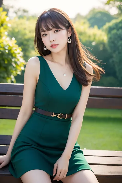  Best Quality, masterpiece, High resolution, Realistic, RAW Photo 8k Wallpaper, perfection, Professional Lighting, Very detailed, Written boundary depth, One girl, Mature, Dark night in the park, formal mini skirt dress、one piece、High heels,Pearl Earrings、...