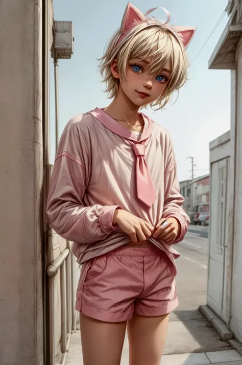 Anime style, Highres, Masterpiece, Best quality at best, Best Quality, hight quality, hight detailed, 1boy, blonde boy, perfect boy body, cute boy, detailed light blue eyes, short hair, messy hair, bangs, pastel rainbow inner hair color mesh, band on head ...