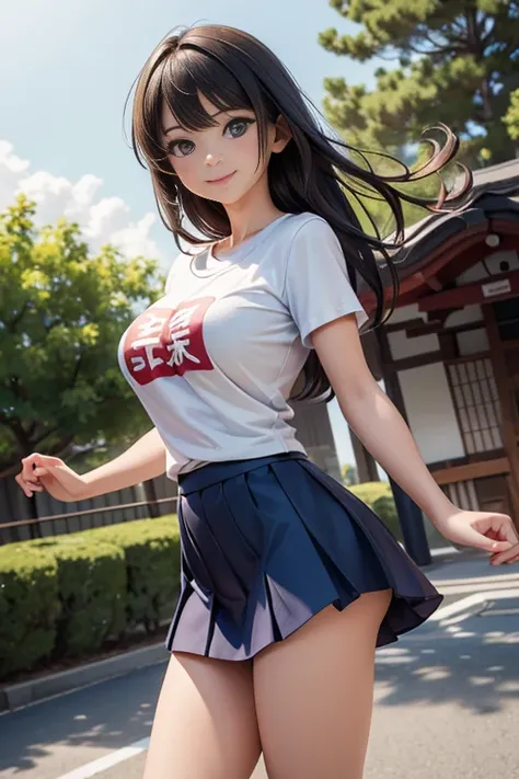 8K,masterpiece,Japanese, girl,from the front,smile,Innocent face,calm eyes,big fake breast,Childish,T-shirt,short sleeve,short skirt,semi-long,hair blowing in the wind,Slightly strong wind,noon,bright