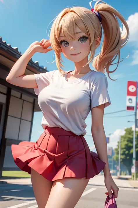 8K,masterpiece,Japanese, girl,from the front,smile,Innocent face,calm eyes,big fake breast,Childish,T-shirt,short sleeve,short skirt,semi-long,hair blowing in the wind,Slightly strong wind,noon,bright