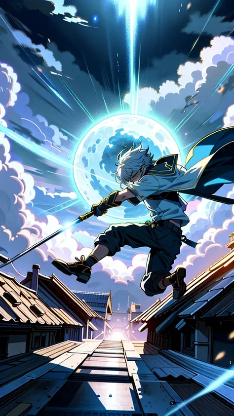 boy warrior wielding a gleaming sword, leaping across the rooftops under the radiant light of a full moon, casting dynamic shadows in the night, intense, dramatic, high contrast, abasterpiece)), ((best quality)), ultra detailed,((illustration)), dynamic an...