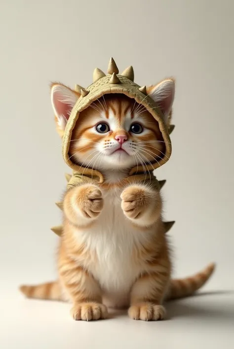 A cute kitten, like a doll dressed as a little dinosaur, is standing upright with its arms stretched out in front of it, facing forward.