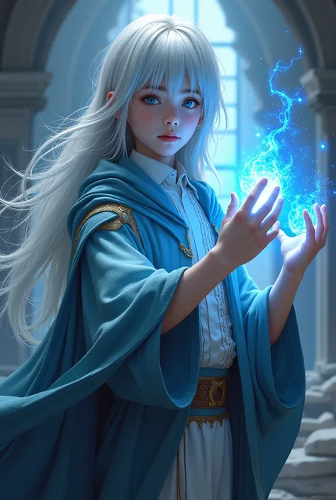 A  teenage boy with straight hair,long hair, and there are bangs in front of the forehead. Her hair is predominantly white with light blue bangs.Wearing long noble clothes, with a long robe behind, plus a magic book and magic wand in hand.