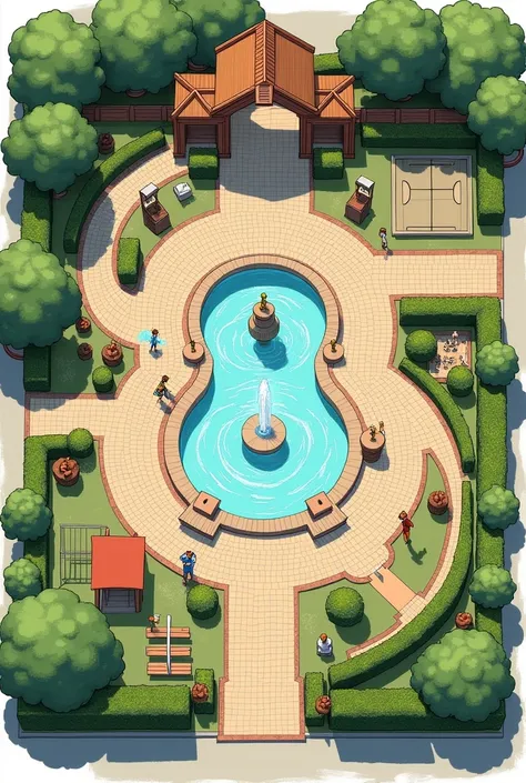 make a sketch design of the park from above with the location of all objects. At the entrance to the park there is a wooden arch 10 m long, with lighting, benches and trash bins. further the path leads to the central fountain (3 fountain bowls and a pedest...