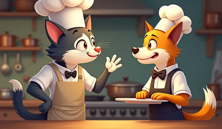 Cat in chef costume starts scolding dog, &quot;How can this sell if the waiter keeps sneezing every time there&#39;s fish?!” The dog dressed as a restaurant waiter could only nod while trying to stop his sneeze..