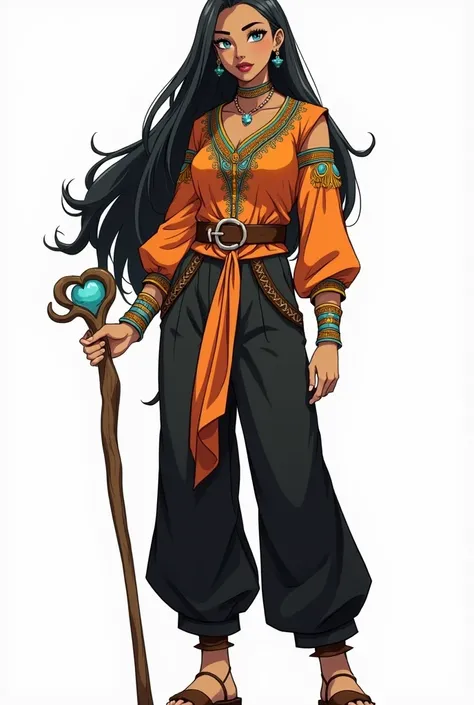 Anime-style. Maga Woman. Light skin, tall and skinny. Long black hair and light blue eyes. Full body view. Isolated on a clean white background. Dressed in orange African bobou blouse with turquoise details, with African ornaments and patterns, held by a l...