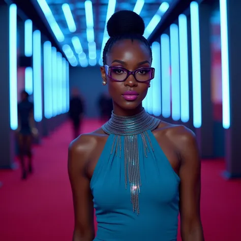 A cool black American (light skin) Lady with short black braids and high bun wearing feminine pentagonal rotating bird glasses (clear lenses, dark purple temples & regions) which features a pink feminine sleeveless wick type zipper closure (modern African ...