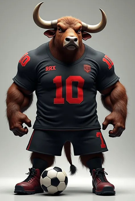 Make a mascot, I want him to be an ox with a black team jersey and the number 10 in red, This ox has to look bad, and above the chest it must be written RRX, put on a boot and a soccer ball, make him more realistic and mean looking, make RRX with capital l...