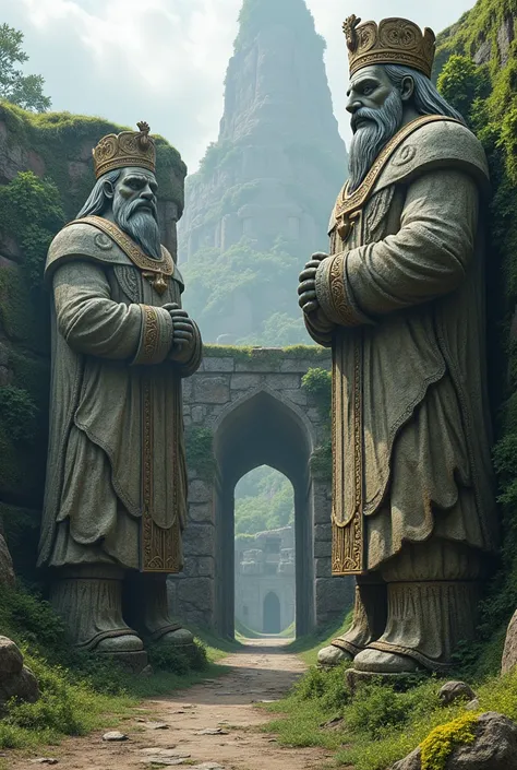 Large, intricately carved stone statues of long-forgotten kings standing guard at the city entrance.