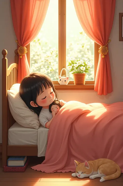 A girl is listening to a song in bed with a doll, beautiful room, jasmine is blooming outside the window, the girl is a Korean child, a cat is also sleeping on the floor, anime, pixels, aestetic, high quality, realistic