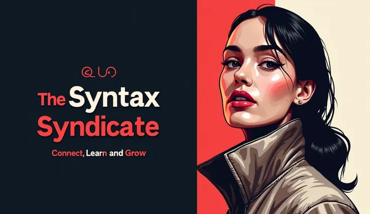 Create a cover image for a brand name The Syntax Syndicate" with the following tag line Connect, Learn and Grow. Also show a female model along with text.

Place the model and texts on right