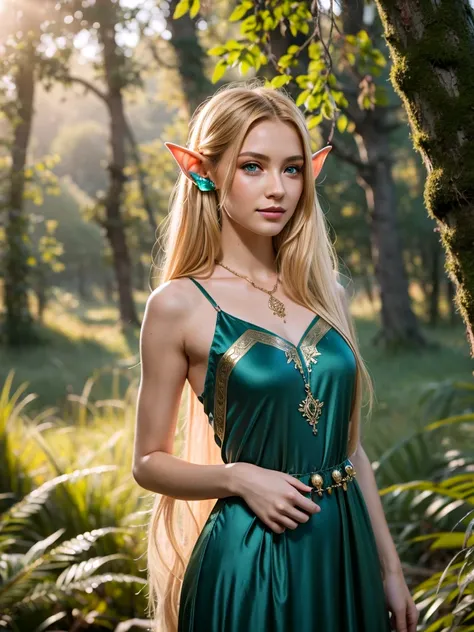 A Beautiful young female Elf with long pointy ears and long flowing locks of golden hair.  wearing a Stunning Silk Attire with detailed ornaments standing in the forest,  UHD, Beste Qualität, Genau, fair complexion, Leichtes Lächeln, Ernst, Emerald Eyes