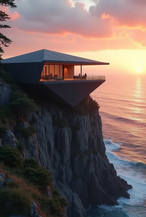 maison polygonale. Elle fait de beton et de bois, le béton couleur noir. Elle en bord de falaise. Vu incroyable sur la mer. Soleil couchant.