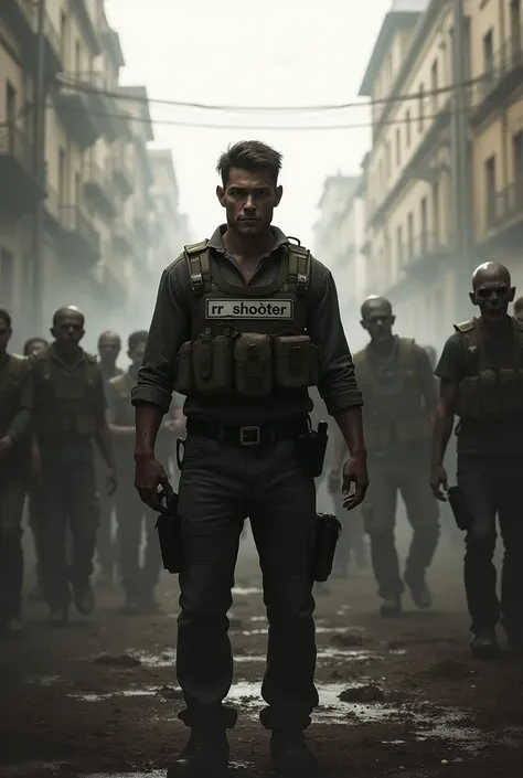  A player standing between the zombies in infected area and he has a "RR_SHOOTER" name tag on his vest . Name are clearly visible.