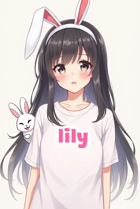 a beautiful and cute girl, with long black hair and big eyes, posing a happy face with a white headband in the shape of white rabbit ears that bent downwards. wearing a white shirt with the word "LILY" written in neon pink in the middle of her shirt. and t...