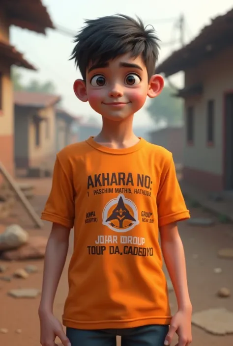 create a 3d and realistic image A boy is wearing a saffron colour t-shirt on which it is written "Akhara No:- 1 paschim Mathia, Hathua"Jwala Group itx_radhe07".