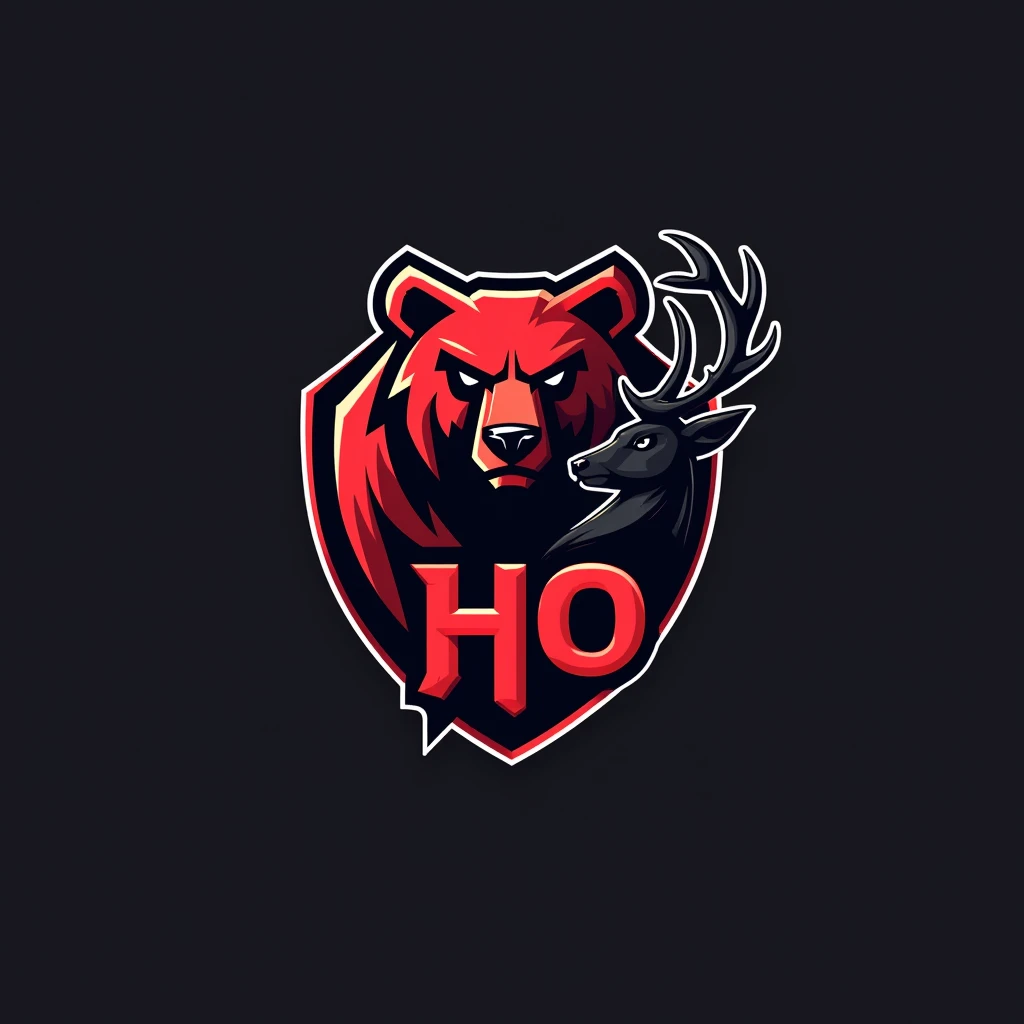 Un logo gaming avec un le mot HO avec un ours rouge et un cerf noir