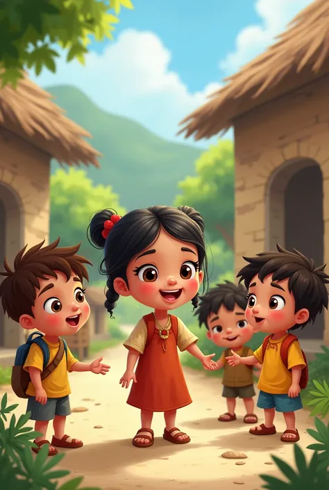 Cartoon small gurl pihu talking with small kids of the village 