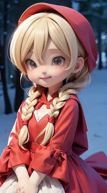 (Best Quality,4K,High resolution), Little pretty girl、red riding hood、((Wearing a red hood、Wearing a fairytale red dress、Blonde and short braided hair、))、Full body projection、ssmile、Chibi、Beautiful blue eyes、Comical depiction、kawaii illustration、busy、Color...