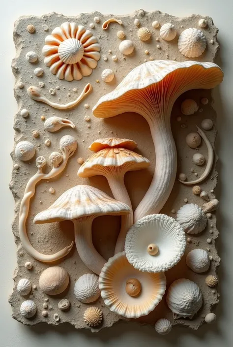 Create a semi-relief work using natural materials such as shells and fungi，No character work，Artist Florian Baudrexel style