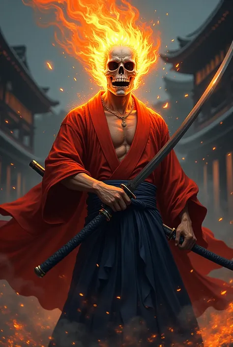 Roronoa zoro in his male kimono using his three swords but as ghost rider with his flaming skull face clenching on his third sword with his jaws