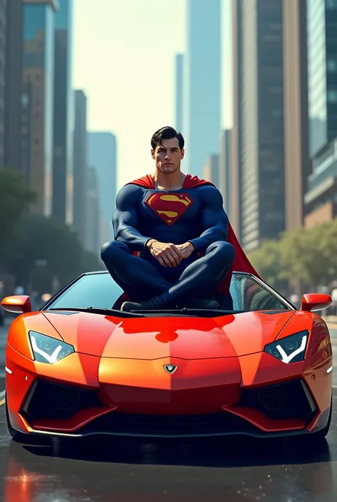 Super man sitting on a Lamborghini 