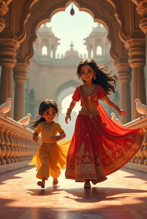 A beautiful rajputi princess with a beautiful face running in a hall way of her palace with a big balcony and white doves sitting on the railing wearing her beautiful royal lehenga  her hairs open smiling happily chasing her Bestfriend who was  laughing, r...