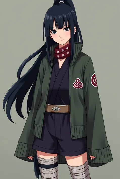 Female Naruto original character, Yamanaka Clan, long dark ans silk ponytail, bangs,black dark eyes, bandana of the leaf village in neck, overall in dark purple and green moss,bandage around her braces and legs, cardigan with the Yamanaka simble, Full body...