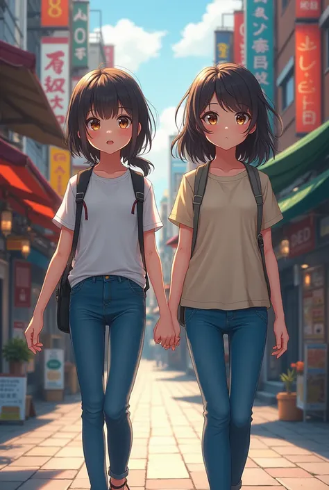 Girls 12  12 aesthetic anime super realistic masterpiece detailed best piece ever  cute in a street wearing jeans and top 
