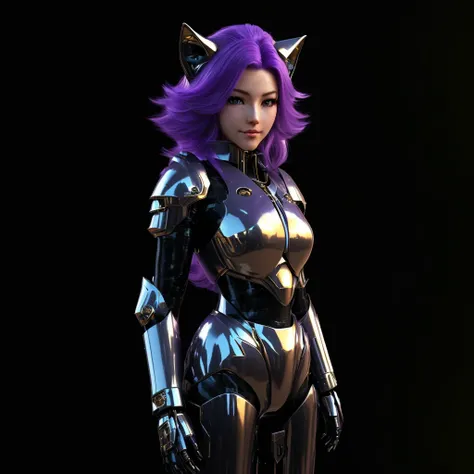 a close up of a woman in a cat suit with purple hair, girl in mecha cyber armor, 3 d render character art 8 k, knights of zodiac girl, attractive cat girl, wearing golden cat armor, unreal engine render saint seiya, portrait knights of zodiac girl, armor g...