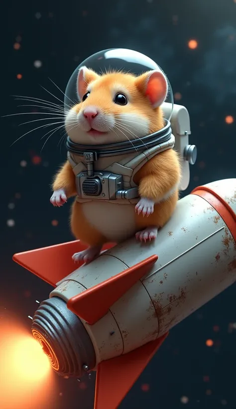 A hamster as an astronout,sit on the rocket
Space background