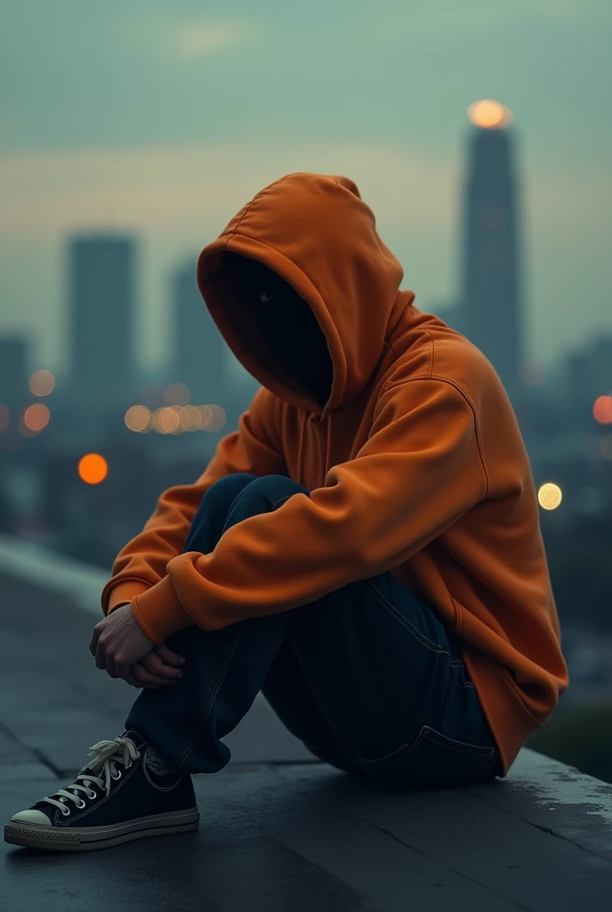 a young man sitting on the ground in front of a cityscape at dusk. He’s wearing an oversized orange hoodie with the hood pulled up over his head, casting a shadow over his eyes. The city behind him is blurred and distant, giving a sense of isolation. The o...