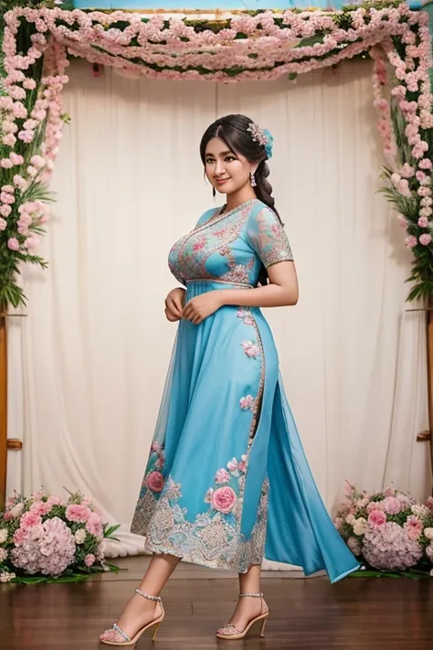 Photography. wanita Pakistan_Korea cantik, plump body, huge breast with a typical Thai bun decorated with small rose flowers. She smiled, faced the camera and wore a beautiful Thai wedding dress with a beautiful blue floral print with intricate details, an...