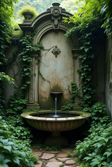 The view of a fountain, once grand but now cracked and overgrown with vines.