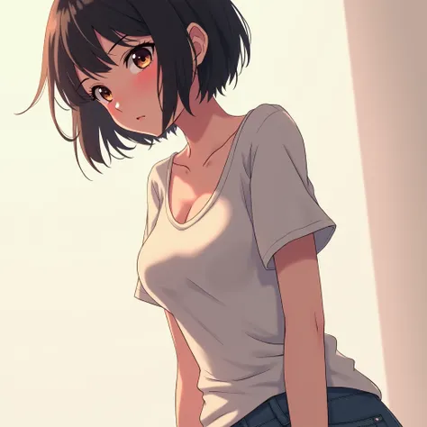 Anime girl with short hair, wearing a wide-necked T-shirt, bending down to reveal her chest.