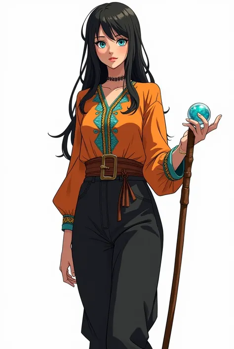 Anime-style. Wizard Woman. Light skin with light blue eyes. Tall and thin, long black hair. Full body view. Isolated on a clean white background. Dressed in orange African bobou blouse with turquoise details, with African ornaments and patterns, held by a ...