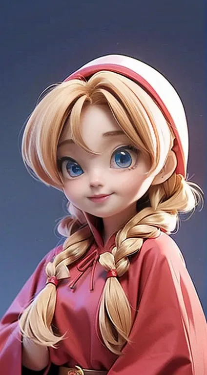 (Best Quality,4K,High resolution), Little pretty girl、red riding hood、((Wearing a red hood、Wearing a fairytale red dress、Blonde and short braided hair、))、Full body projection、ssmile、Chibi、Beautiful blue eyes、Comical depiction、kawaii illustration、busy、Color...