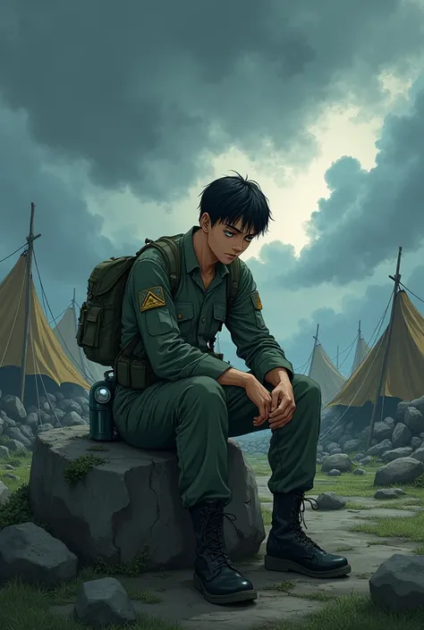 An army soldier is sitting on a rock, very sad, and his eyes show signs of fatigue. The background is a destroyed army camp, and the weather is cloudy. Make the drawing anime.