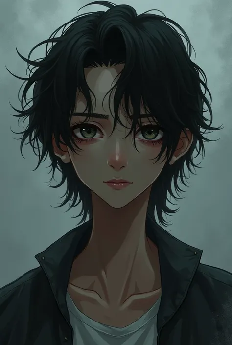 A dark-skinned, tired-looking anime twink man with long, wavy hair