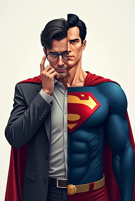 Supermans Secret Identity: "A split image showing Clark Kent on one side, adjusting his glasses and looking thoughtful, and Superman on the other, striking a heroic pose with his S shield prominently displayed."
