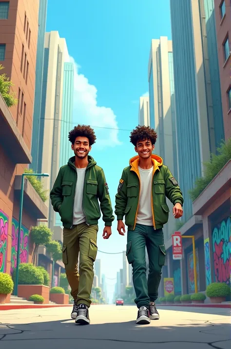 A 2D cartoon of a 2 young Bangladeshi  M man, white tone face, with curly hair, walking confidently on an urban street with colorful graffiti on both sides. He is dressed in a green jacket and cargo pants with sneakers, and the scene is set against a backd...