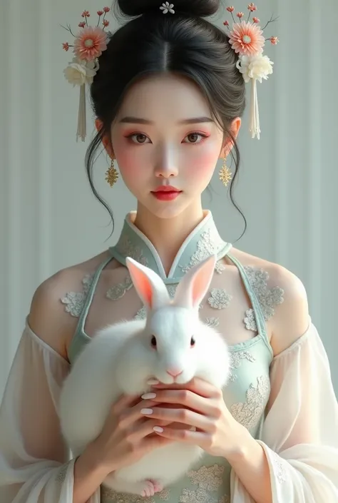 (masterpiece:1.2, The best), (very detailed face, real picture, Realistic skin, body realistic, intricate details), alone, 1 milf, , [Diva,[girl,midjourney portrait,汉服masterpiece, high quality, （shiny skin） ,(earrings:1.4),Holding a white rabbit in hands